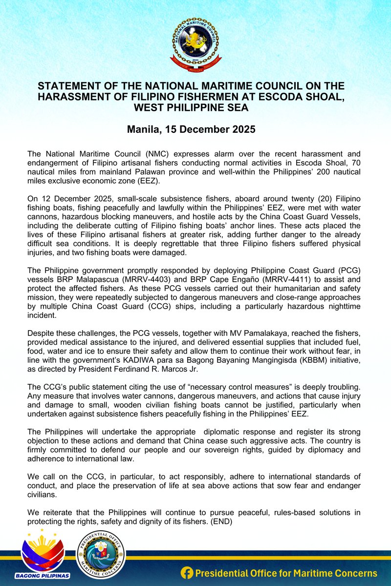 NMCPhil's tweet photo. STATEMENT OF THE NATIONAL MARITIME COUNCIL ON THE HARASSMENT OF FILIPINO FISHERMEN AT ESCODA SHOAL, WEST PHILIPPINE SEA

NMC Facebook Page: https://t.co/IMADYNnzob https://t.co/vX01bSDA0S