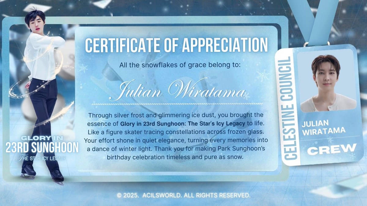 ❄️ Melted like snow in wintertime, it’s time to cherish the moment. I, Julian Wiratama from The Stellars, have finished my part at 𝗚𝗹𝗼𝗿𝘆 𝗶𝗻 𝟮𝟯𝗿𝗱 𝗦𝘂𝗻𝗴𝗵𝗼𝗼𝗻: 𝗧𝗵𝗲 𝗦𝘁𝗮𝗿 𝗼𝗳 𝗜𝗰𝘆 𝗟𝗲𝗴𝗮𝗰𝘆. Thank you for staying with us. ☆