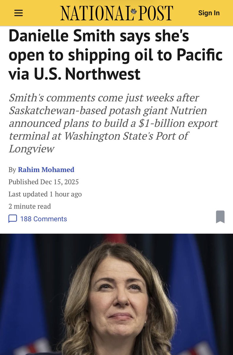 TrevHal's tweet image. Danielle Smith says Alberta is open to shipping oil to the Pacific through the U.S. Northwest.

Let that sink in.

First Nutrien, now a pipeline.

Canadian energy could bypass British Columbia entirely because years of bc NDP obstruction made it impossible to build here.

Jobs