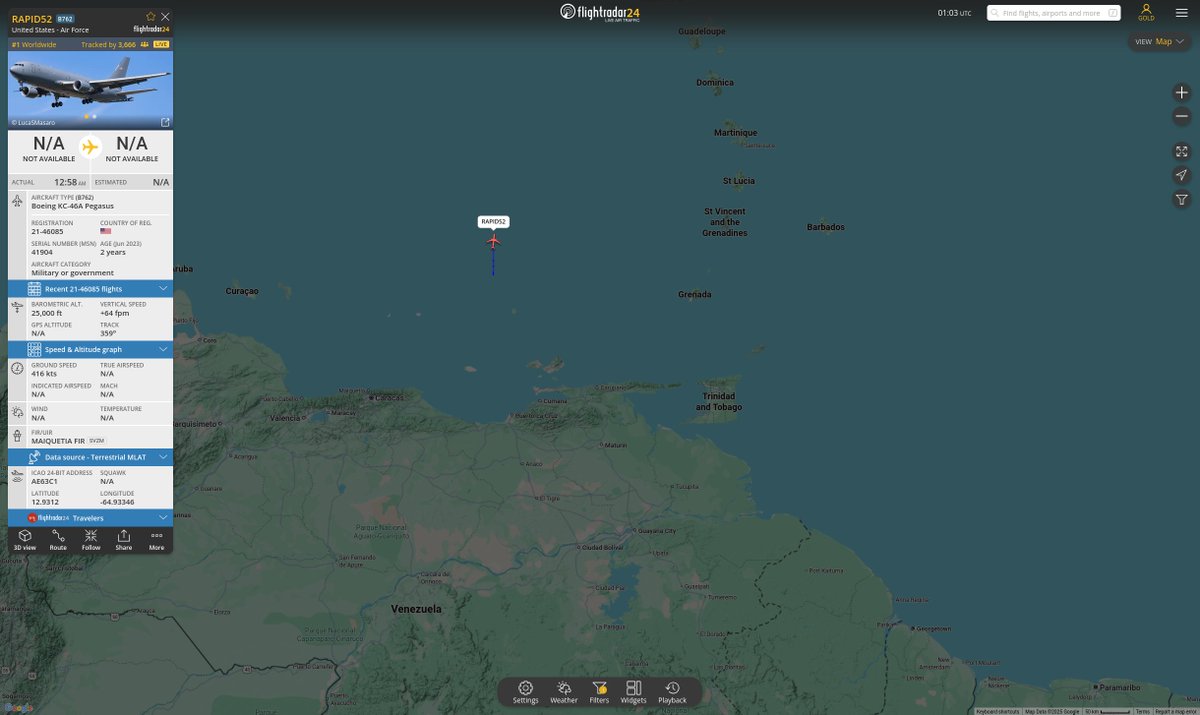 TheIntelFrog's tweet photo. US Air Force KC-46A Pegasus #AE63C1 as RAPID52 has just popped up off the coast of Venezuela heading due north.  The first sign of this aircraft today was just after 1500z.  It's now 0106z. https://t.co/GCh8Wjs5cn