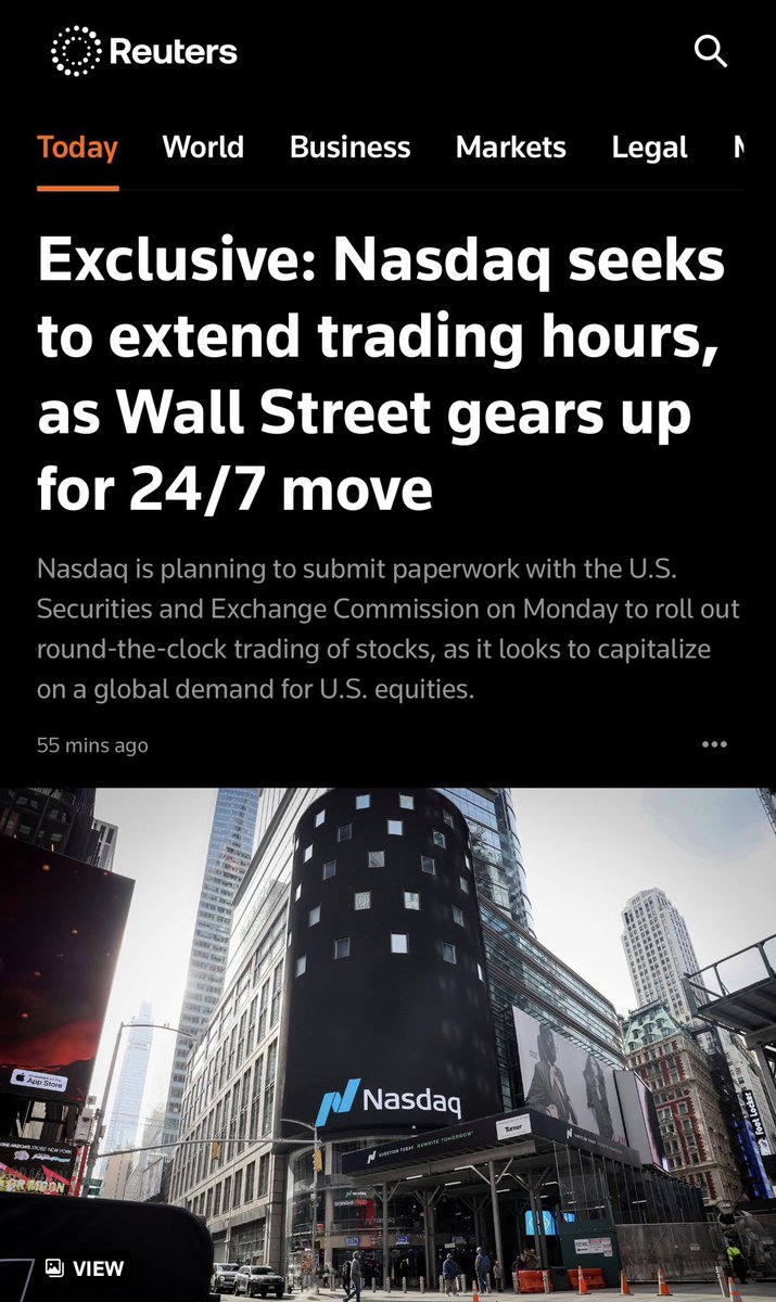 Nasdaq solicitó a la SEC autorización para pasar a operar 23 horas al día y 5 días a la semana. Previsto a partir del segundo semestre del año próximo.

El plan es para sesión diurna de 4 am a 8 pm ET y sesión nocturna de 9 pm a 4 am con la semana de negociación que va del