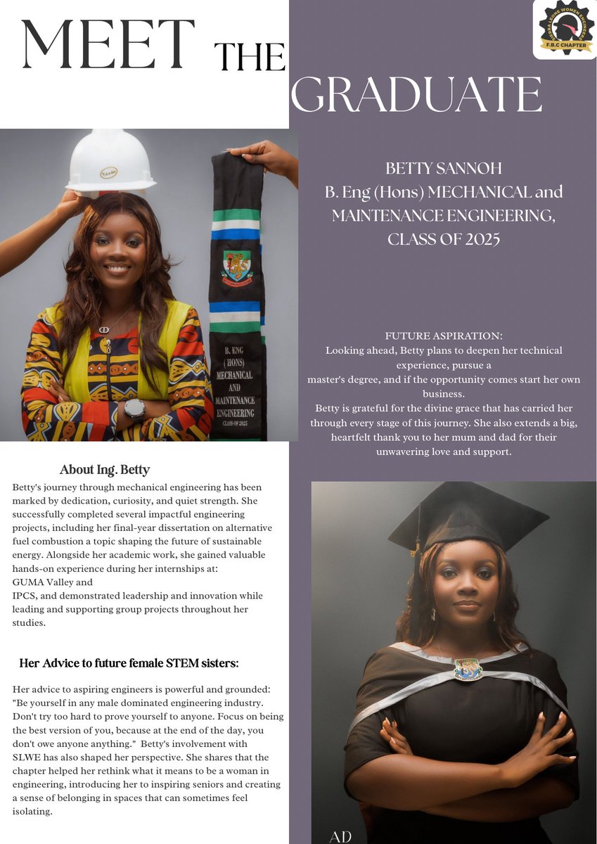 SLWE_FBCChapter's tweet photo. Meet the Graduate: Betty Sannoh 

🎓B.Eng (Hons) Mechanical and Maintenance Engineering, Class of 2025
#SaloneX #graduation #MeetTheGraduate2025 #slwe #slwefbc #Womeninmalefields https://t.co/FPWEyUs8M6