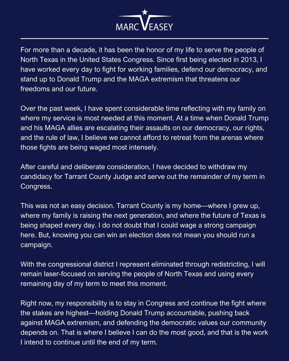 My longtime friend &amp; Congressman  <a href="/MarcVeasey/">Marc Veasey</a> will be missed in public service.

We were elected together in  #TXLege &amp; have worked arm-in-arm to help everyday Texans. 

In addition to having a servant’s heart, I know Marc as a devoted husband to Tonya &amp; dad to Adam Clayton. (1)