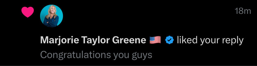 Thank you <a href="/mtgreenee/">Marjorie Taylor Greene 🇺🇸</a> very happy for you!!