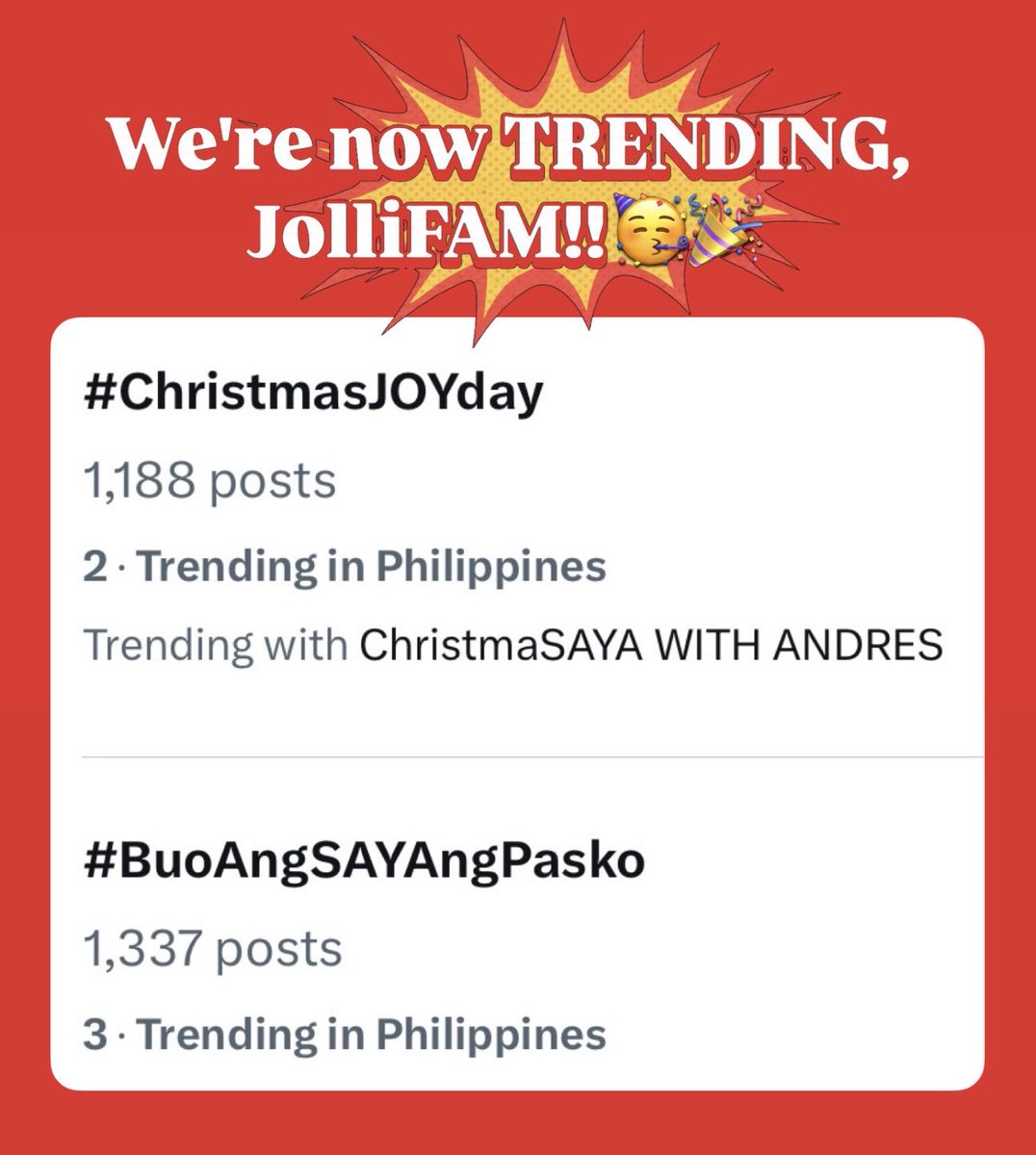 Jollibee's tweet photo. Congratulations, #JolliFAM!! We're now trending on X!🎉🎉🎉 Let's keep our party going!!✨🎄 https://t.co/u56jTvW4eE