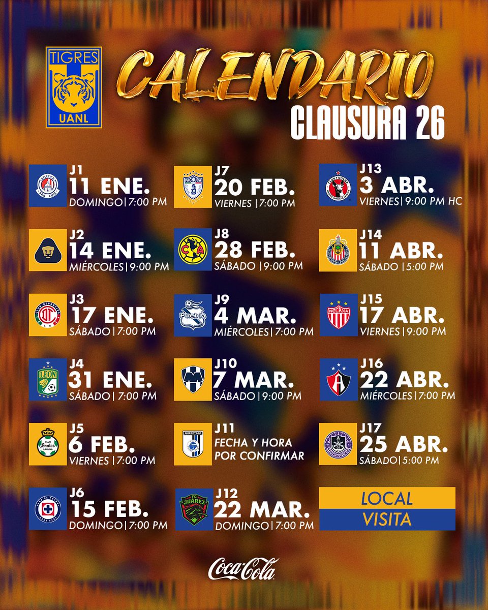 TigresOficial's tweet image. 📆 Así será el camino de La U para el próximo Clausura 2026.

#SiempreContigo 🐯

@CocaColaMx