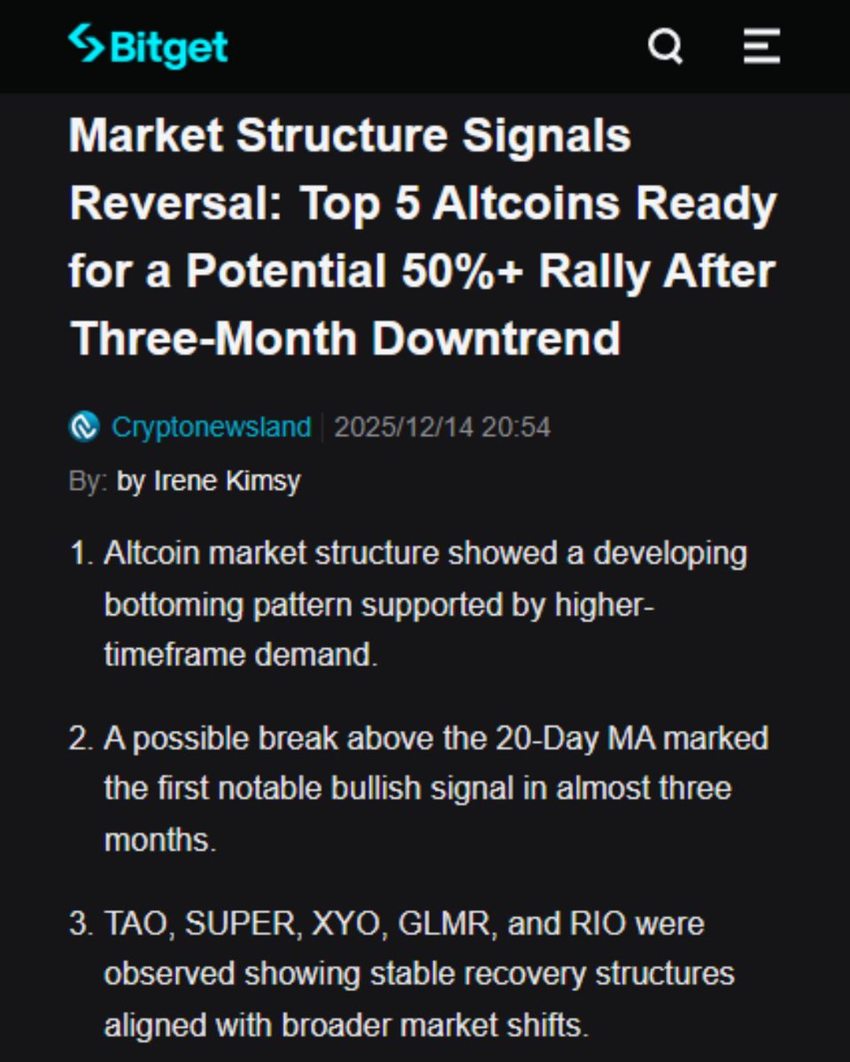 Via <a href="/bitget/">Bitget</a> &amp; <a href="/cryptonewsland/">Cryptonewsland</a> ➡️ bitget.com/news/detail/12…

XYO is being flagged by analysts as one of five altcoins showing early reversal structure after a three-month downtrend. Tight consolidation, clean compression, and steady demand suggest XYO is positioned for a momentum