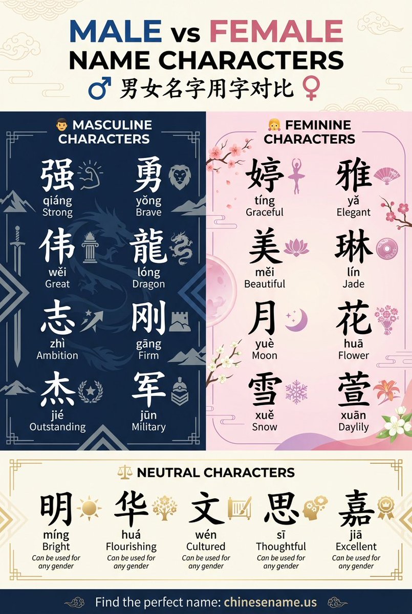 yangjerry666's tweet image. ⚠️ Warning: Not all beautiful Chinese characters are gender-neutral!

Chinese names have strong gender conventions (strength for boys 🐲, elegance for girls 🌸). 
Using the wrong one can be awkward!

Learn  from: [chinesename.us]

#ChineseNames #BoyNames #GirlNames