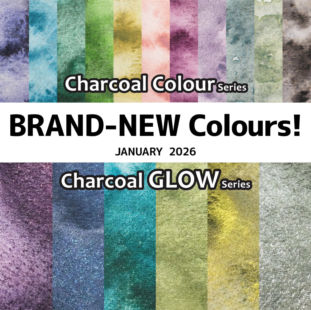【新製品情報】クサカベ透明水彩絵具
▶️チャコールカラー＆グロウ シリーズ
▶️2026年1月中旬発売
チャコールカラー 全12色 (黒含む)
チャコールグロウ 全6色 (キラキラ入)

わずかに木炭粉を効かせた、落ち着いた色と、
上品な輝き。
詳細徐々にご紹介していきます☺️