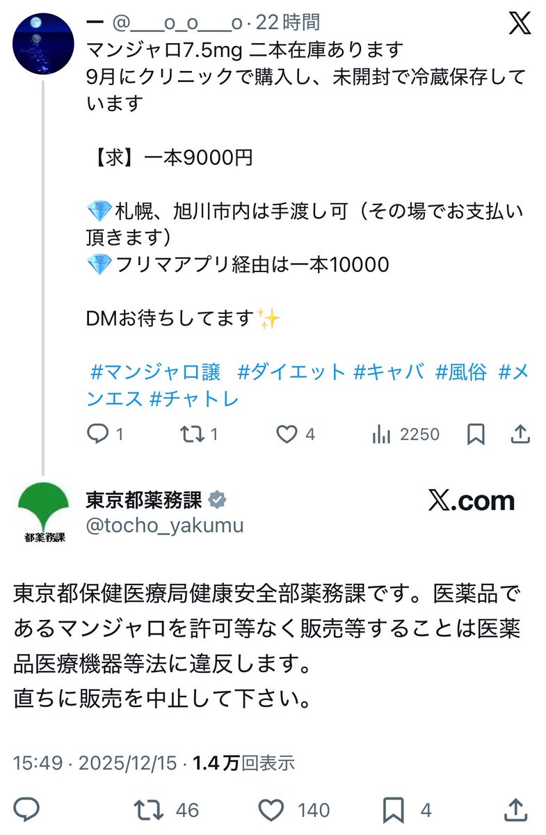 Xでのマンジャロ転売に行政が目を光らせ始めました