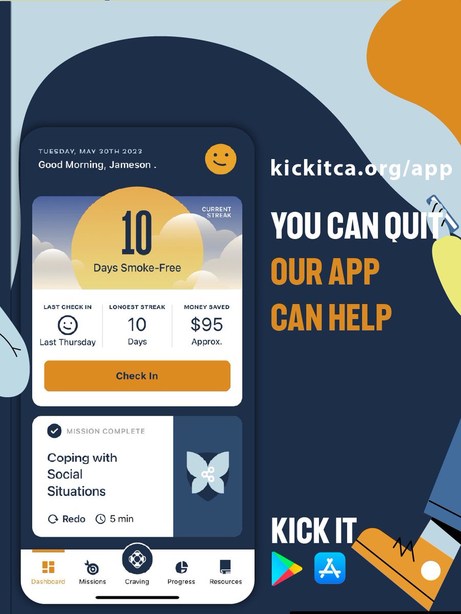 Kickitca's tweet image. When you #quitsmoking and/or #vaping, urges for #nicotine are normal. Download the Kick It Quit App to track your progress and crush cravings.
📱 Download it on the App Store &amp;amp; Google Play: kickitca.org/app
