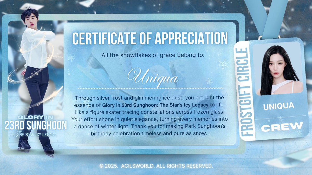 wintlr's tweet image. ⠀
❄️ Melted like snow in wintertime, it’s time to cherish the moment. I, Uniqua from Frostgift Circle, have finished my part at 𝗚𝗹𝗼𝗿𝘆 𝗶𝗻 𝟮𝟯𝗿𝗱 𝗦𝘂𝗻𝗴𝗵𝗼𝗼𝗻: 𝗧𝗵𝗲 𝗦𝘁𝗮𝗿 𝗼𝗳 𝗜𝗰𝘆 𝗟𝗲𝗴𝗮𝗰𝘆. Thank you for staying with us. ☆
⠀