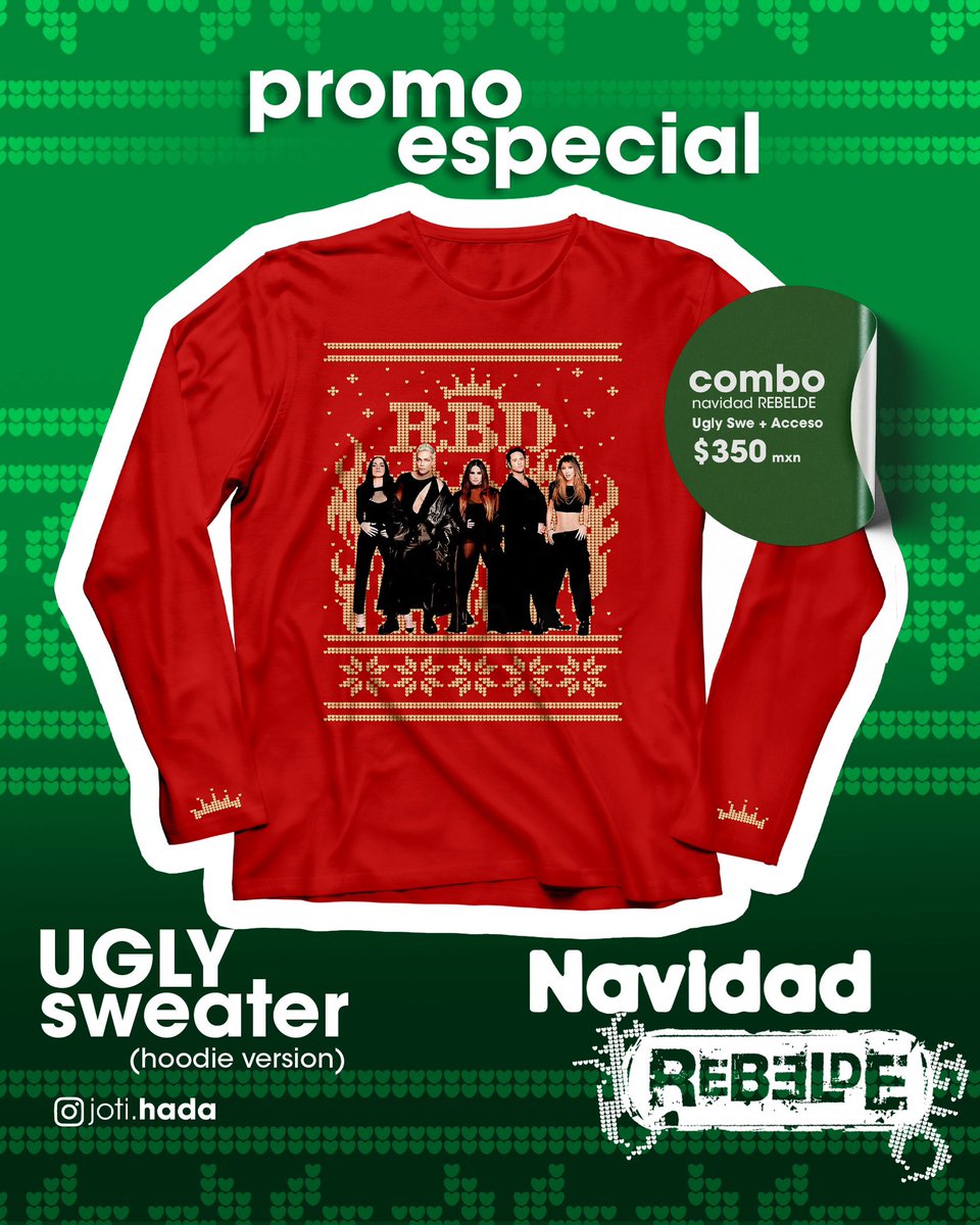 its_carlus's tweet image. Amigos alguien de CDMX? 
Ando organizando una noche navideña de RBD, acabo de lanzar un Ugly sweater con promoción especial para el evento 

Yo digo R…
