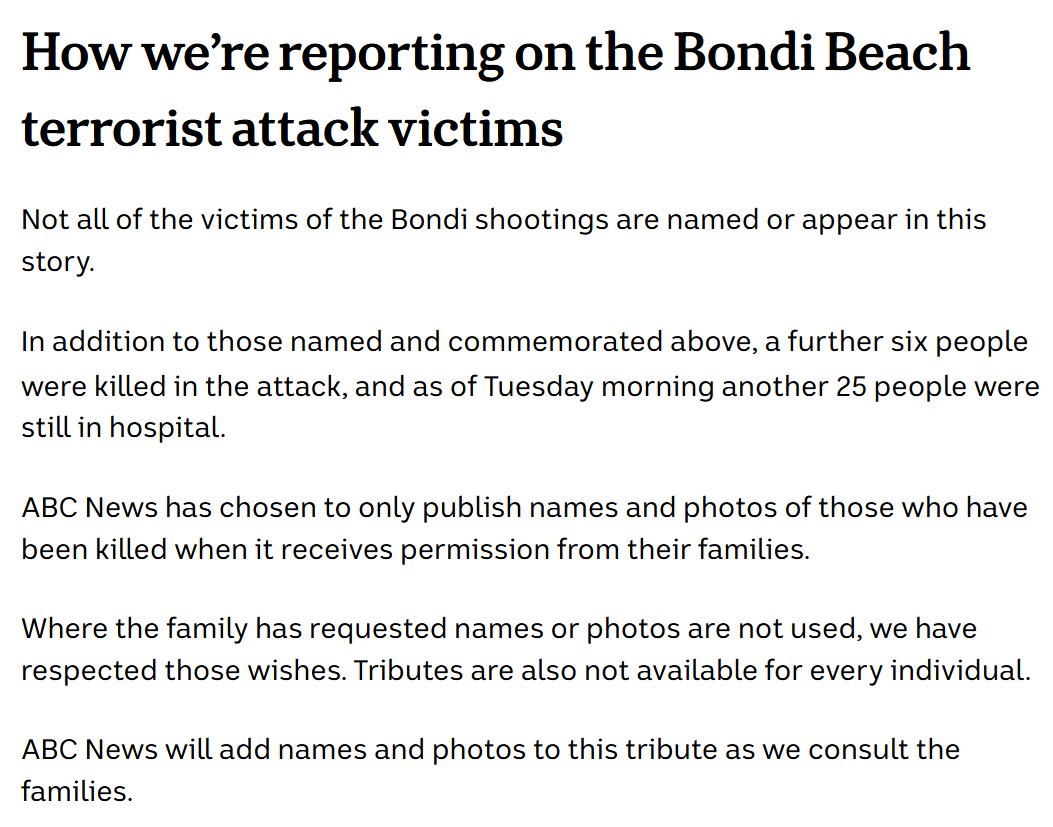 GraffitiExpert's tweet image. "Want to know more? Read our editorial policy guidance note about reporting on trauma and survivors of trauma" -&amp;gt; abc.net.au/edpols/dealing…

Looks like we may never know who all the victims of the Bondi massacre are -&amp;gt; abc.net.au/news/2025-12-1…
 #ABCNews #TempleOfLies #STOPTHEKILLING