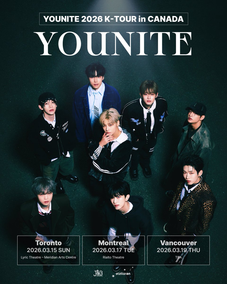 YOUNITE 2026 K-TOUR in CANADA 공연 안내

✔️ 2026.03.15(SUN) - Toronto / Lyric Theatre - Meridian Arts Centre
✔️ 2026.03.17(TUE) - Montreal / Rialto Theatre
✔️ 2026.03.19(THU) - Vancouver / TBA

🇰🇷 younite-official.com/community/boar…
🌐 JNBGLOBAL.NET 

#YOUNITE #유나이트