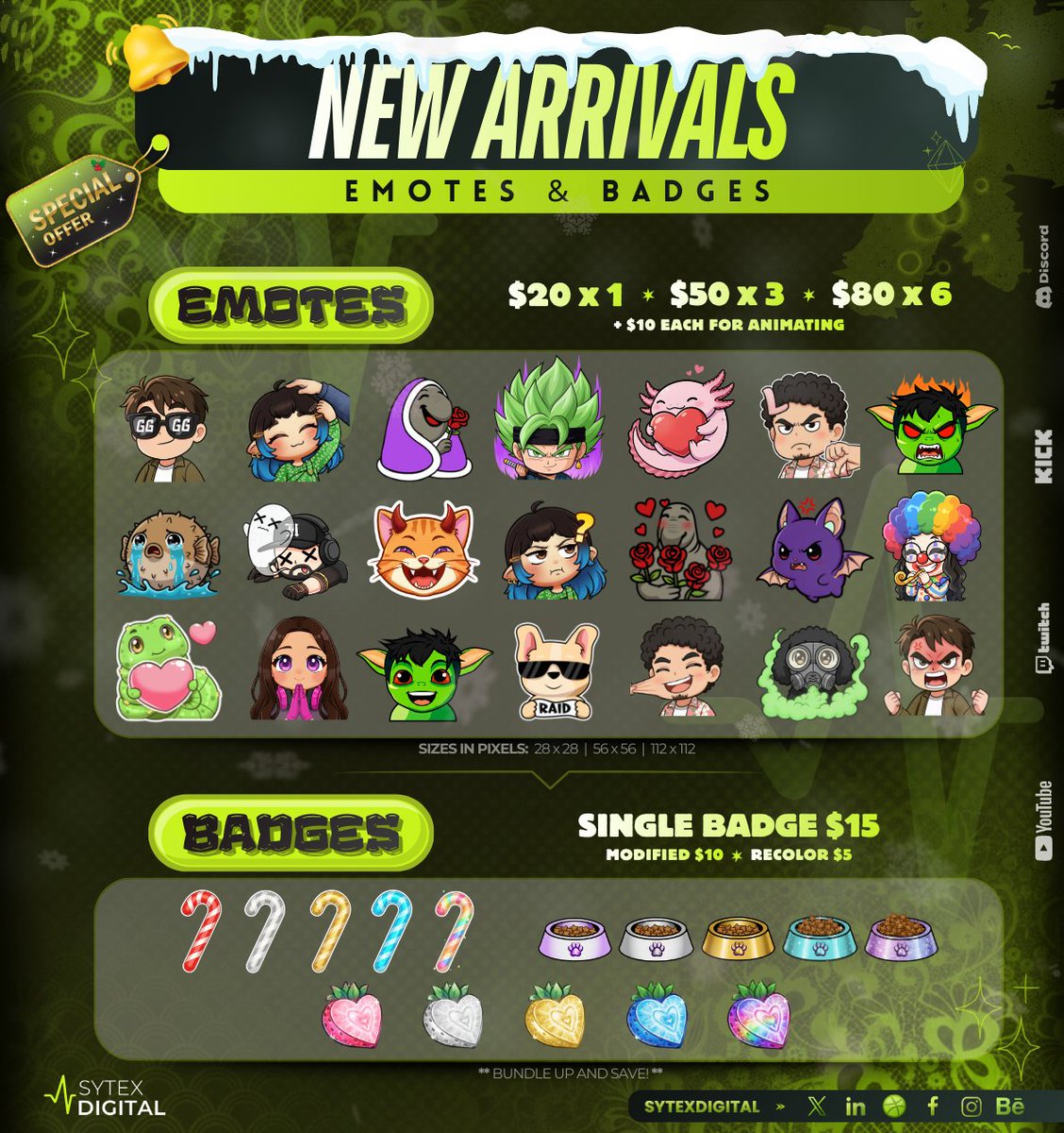SytexDigital's tweet photo. Get that festive spirit buzzing in your chat! 🎄

Our NEW ARRIVALS are here, featuring adorable emotes and sweet candy cane badges!

Don't miss our bundle deals to save big on your new set! Find the perfect design to celebrate the season.
#holidayemote #twitchbadges #candycane https://t.co/HR7IuFiGnj