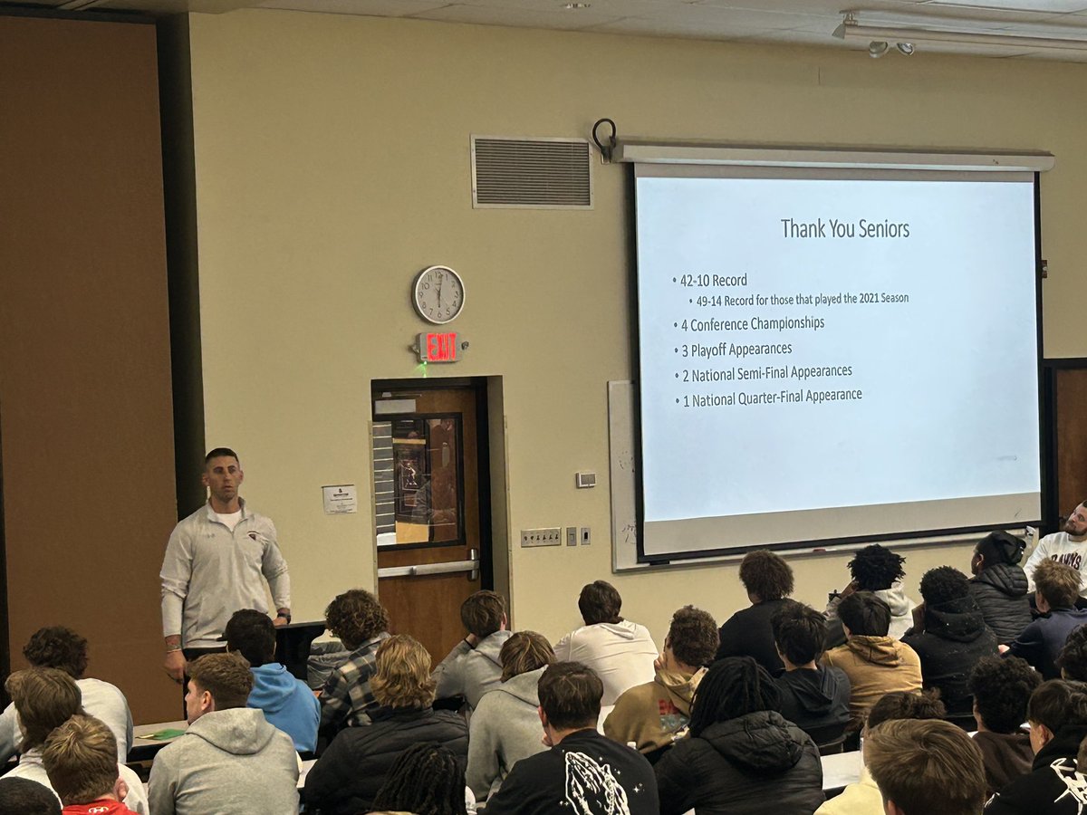 RavenFootballBC's tweet photo. Final meeting with the 2025 Seniors! 🏈

42-10 record
4 conference championships
3 playoff appearances
2 national semi-final appearances 
1 national quarter-final appearance

Grateful for these men! 🙏

#UnleashGreatness https://t.co/Jw3XQ9nl3g