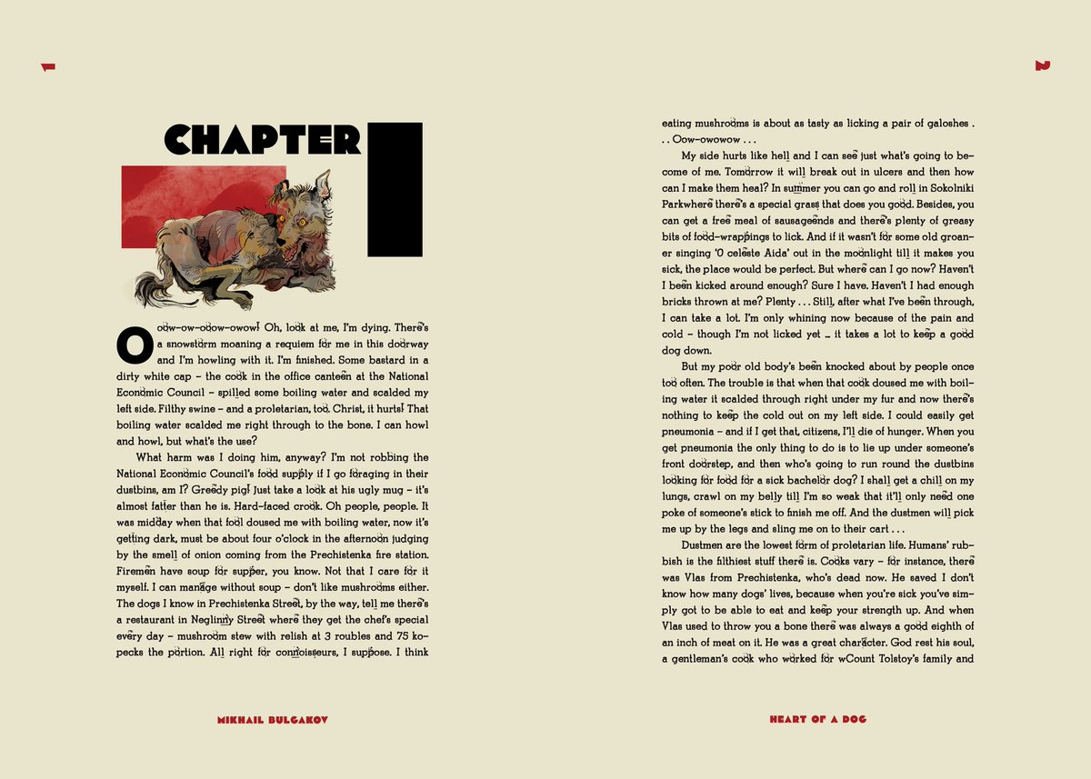 stiinken's tweet image. my finished illustrations of excerpts from Mikhail Bulgakov's "Heart of a Dog (1/3)