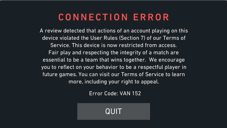 randomshmuck59's tweet photo. I received a permanent device ban (VAN 152) on my VALORANT alt account, 50PercentHS#50HS, even though I’ve never cheated and I leveled the account myself from level 1 to 20. I've been playing since episode 1 act 2 and have been radiant 9 acts. My main, randomshmuck57#4245 (Radiant), has had no issues for thousands of hours, but after playing around 70 + comp games on my alt I got hardware banned and permanently banned on my alt and I have no clue why.

I submitted an appeal through Riot support and opened multiple tickets but they just say it will no longer be reviewed. I’m willing to provide any information to prove myself.
@ItsGamerDoc @VALORANT