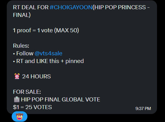 GayoonGlobal's tweet image. RT DEAL FOR #CHOIGAYOON (HIP POP PRINCESS - FINAL) 

1 proof = 1 vote (MAX 50) 

Rules:
• Follow @vts4sale
• RT and LIKE this post + @vts4sale pinned
• Reply with proofs

END IN 24 HOURS ⏲️

#HIPPOPPRINCESS #힙팝프린세스 #최가윤