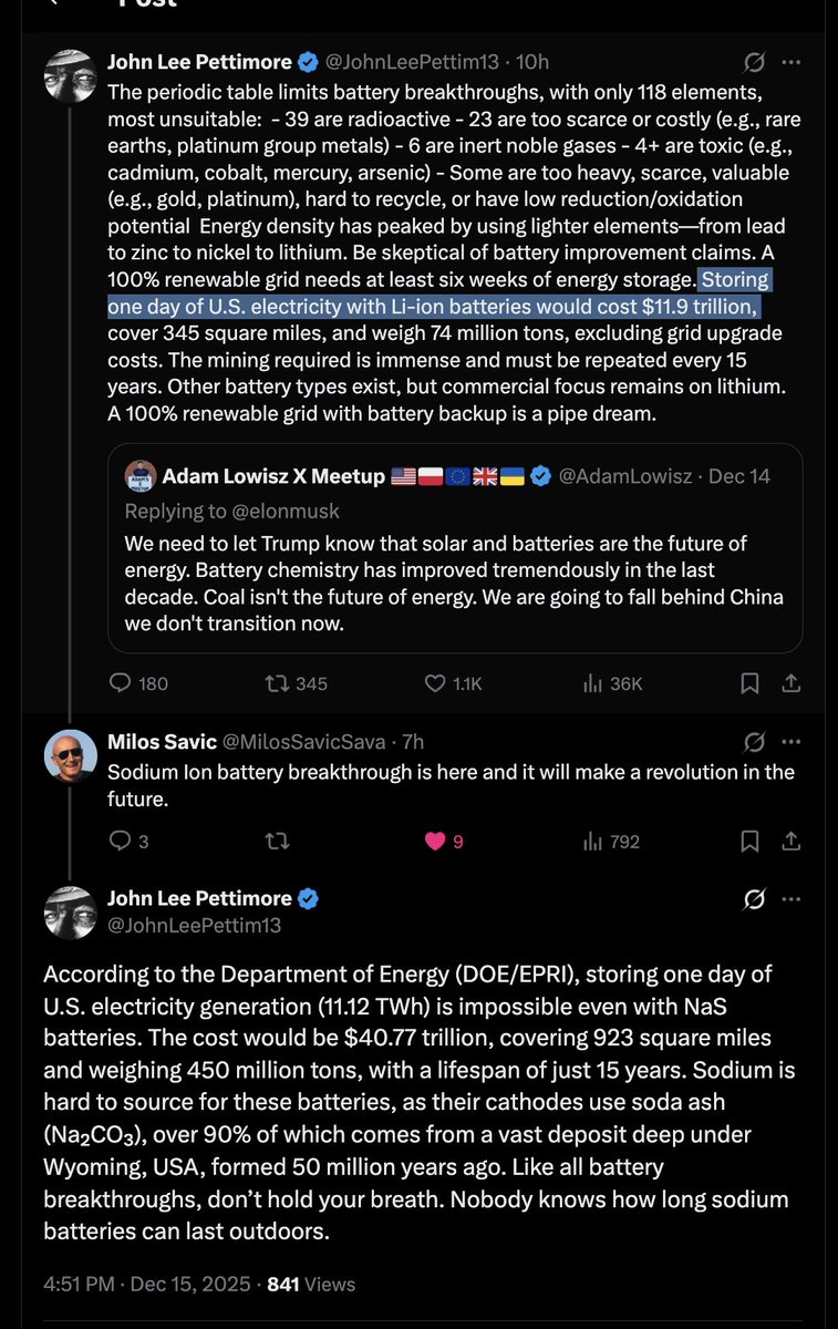 완전 황당한 공포 조장이네요. Na-Ion이랑 NCA를 헷갈리는 건가요?
CATL 덕분에 우리는 약 120Wh/kg의 에너지 효율로 15달러/kWh를 달성할 수 있는 길을 찾았습니다. 나트륨 이온 배터리는 온도 변