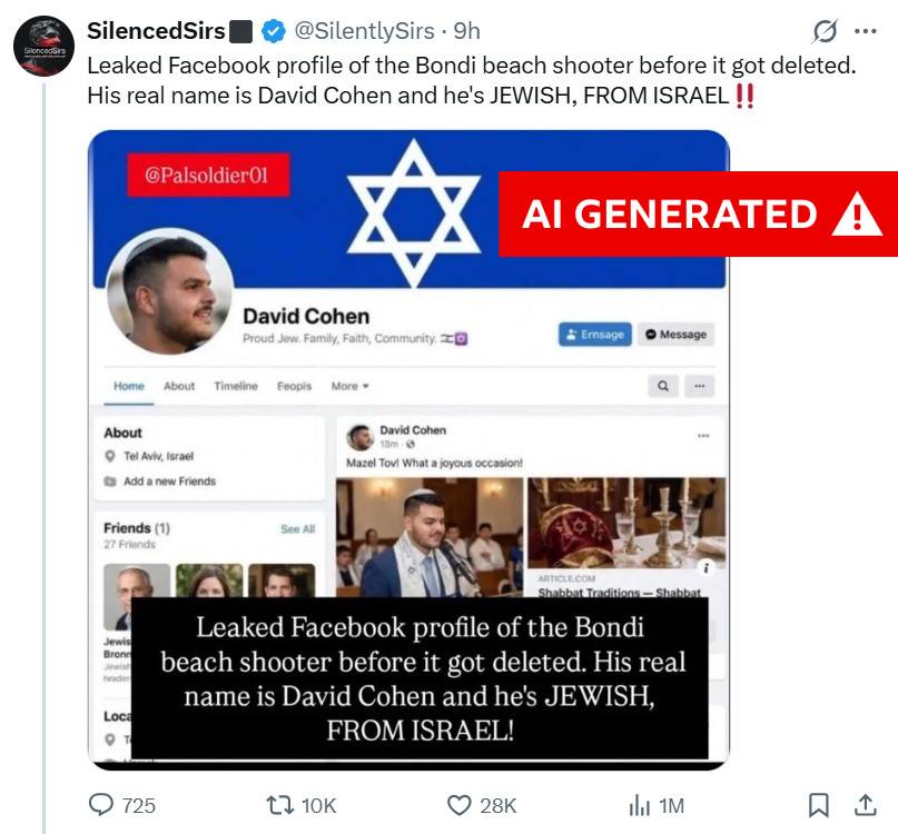 False posts viewed millions of times claim this is the "leaked" Facebook profile of Bondi beach shooter Naveed Akram before it got deleted, revealing he's Jewish and his real name is David Cohen.

But the image is AI-generated and fake. No such Facebook profile has ever existed.