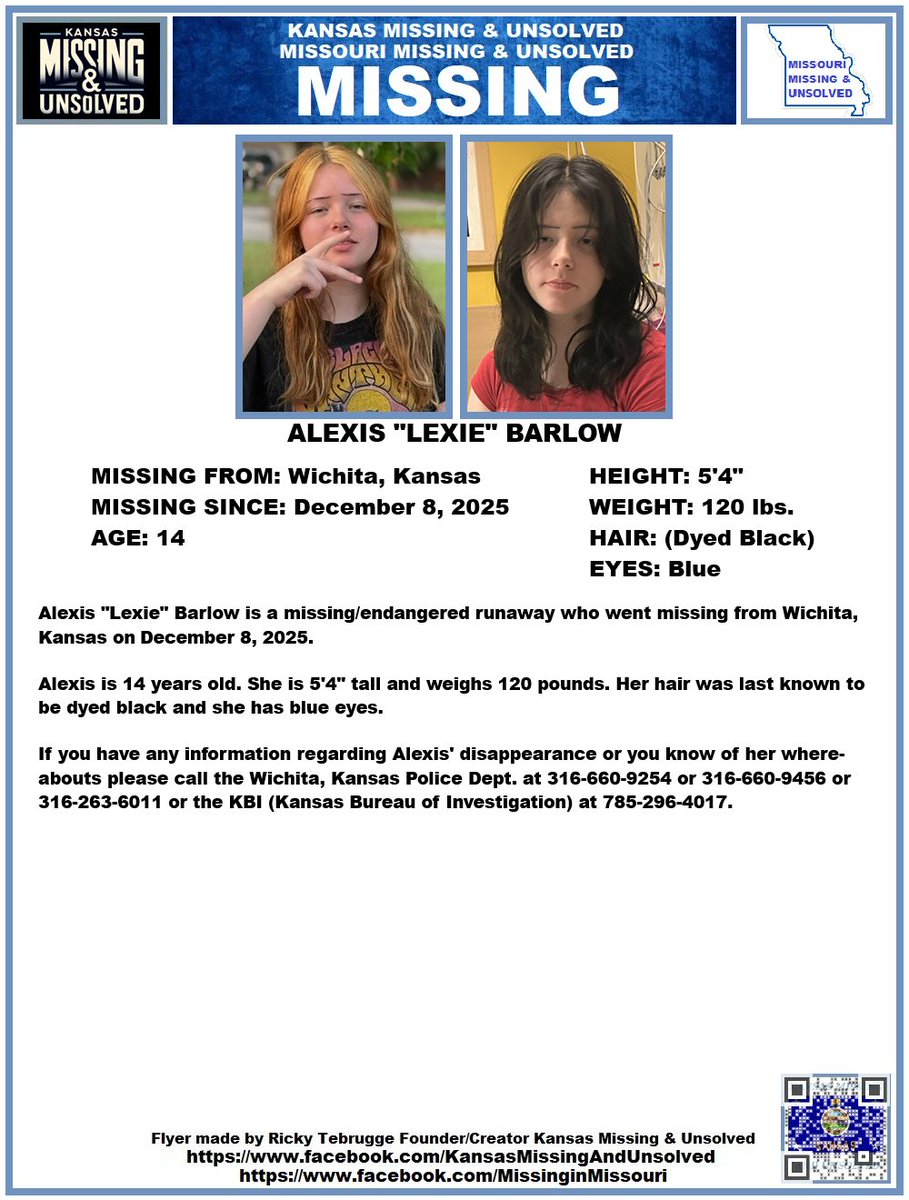 #MISSINGPERSON #MISSING PLEASE SHARE/PRINT/POST!!! ALEXIS "LEXIE" BARLOW (WICHITA, KANSAS)!!!

<a href="/AnnetteLawless/">Annette Lawless 🌻</a> #KansasMissing #MissingInKS #MissingInKansas #MissingKansan #Wichita #Kansas