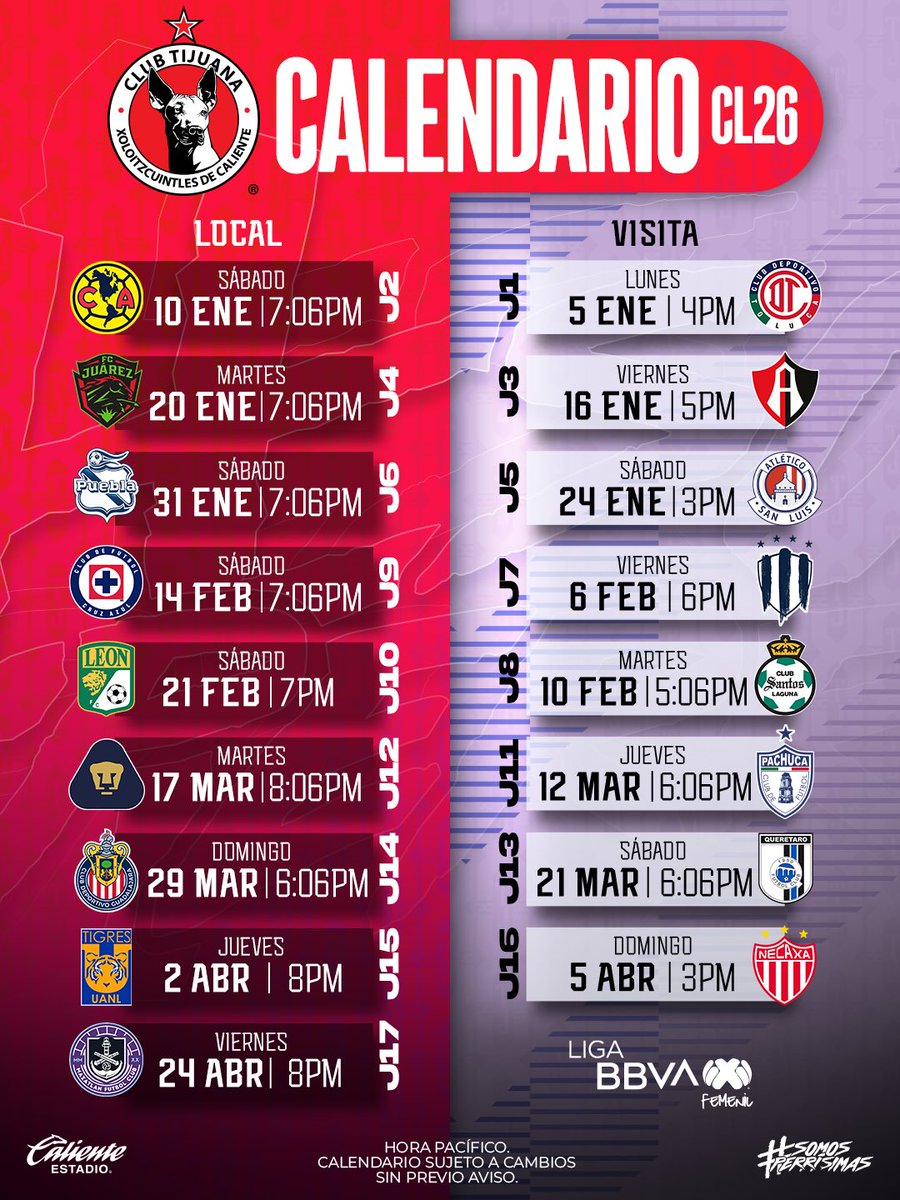 ¡Estamos listas para recibir el Clausura 2026! ⚽️🐕

Conoce a detalle nuestro calendario para el próximo torneo de la #LigaMX 👇

#SomosPerrísimas 🐕