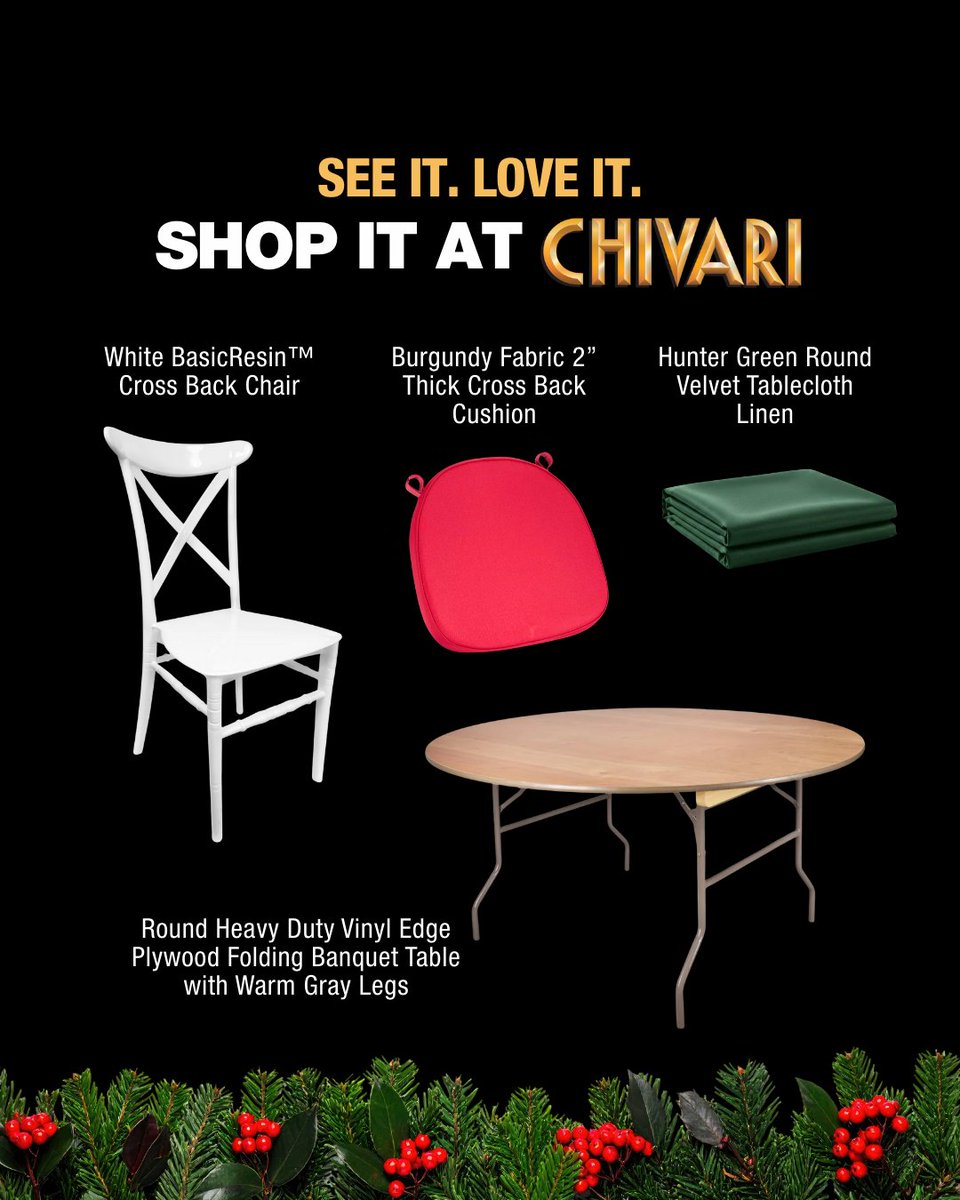 chivari_co's tweet image. Christmas-ready tablescapes 🎄✨ 
Elevate your #holidaygatherings with our White BasicResin™ #CrossBack Chairs, plush Burgundy Cushions, and Hunter Green Round Velvet Tablecloth. Complete the look with premium Fortessa Tableware for a festive touch. Chivari.com