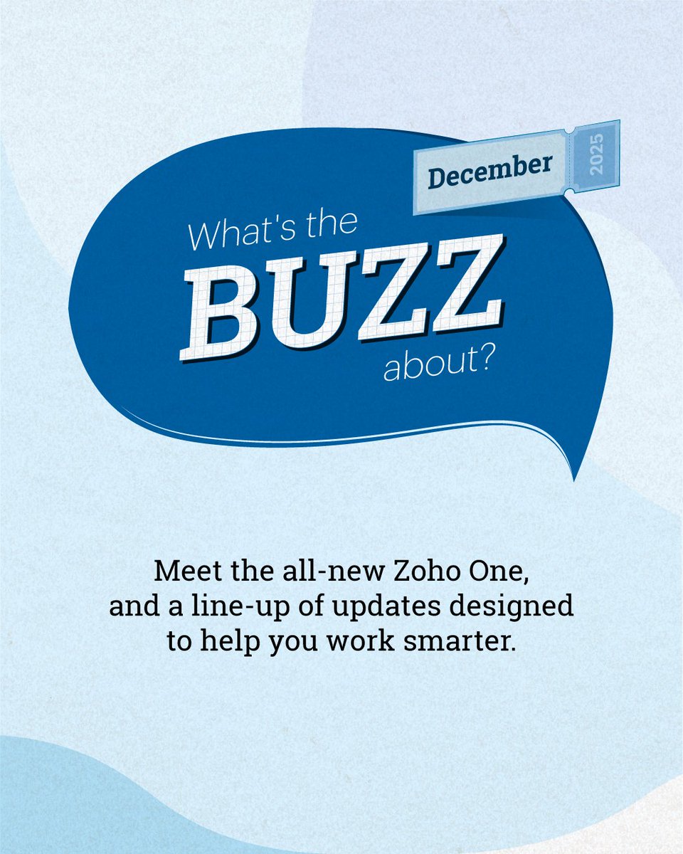 Zoho's tweet image. The latest issue of Buzz is out! ✨

From revamped Zoho One to Zoho Directory 2.0 and a fresh batch of product updates, this one’s loaded. Dive in here.

Read the full issue 👉 zoho.to/BuzzDec
