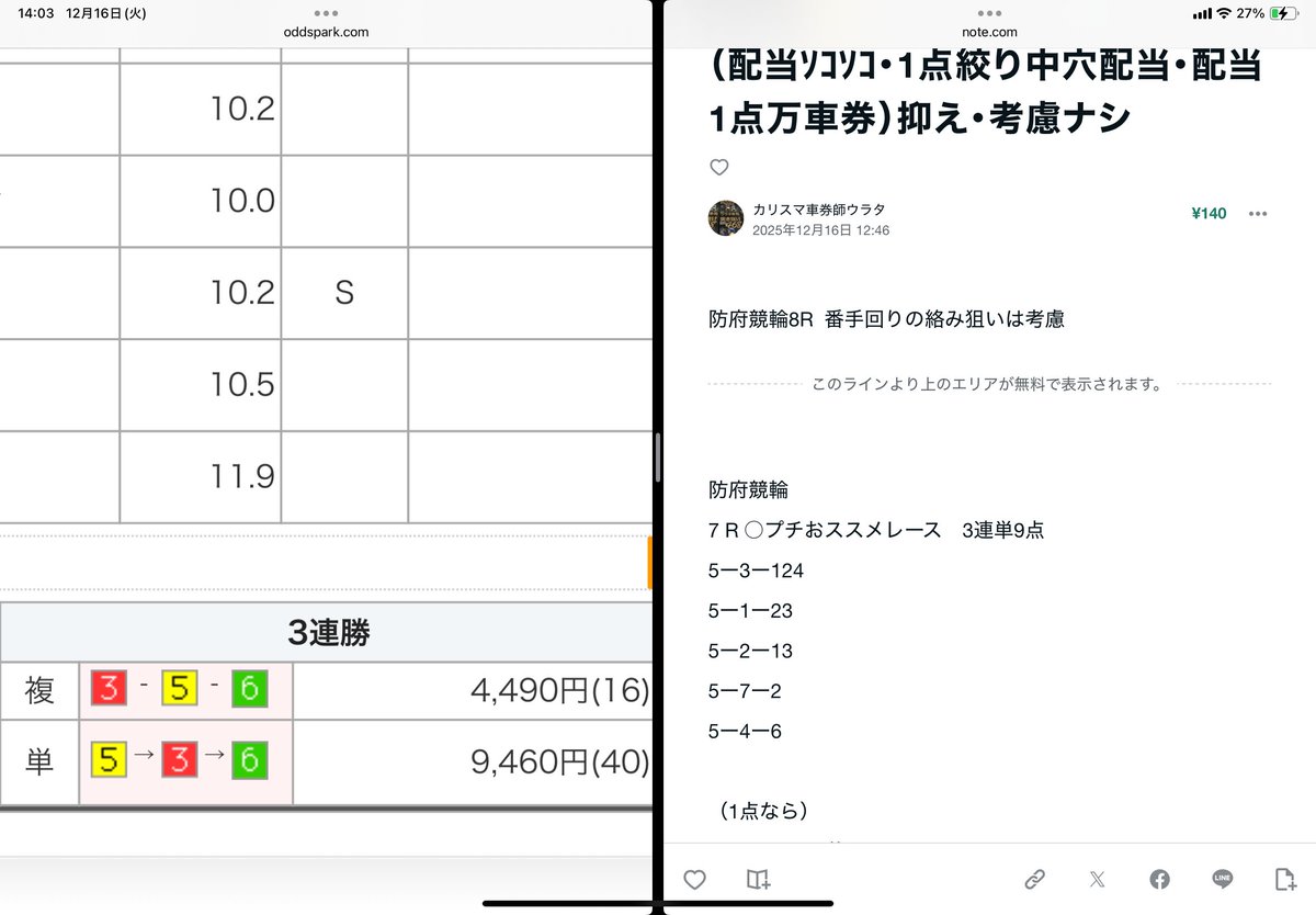 防府競輪 7R 5ー3ー6 万車券弱 ⑤〜頭固定も3着ｽﾞﾚ🙇‍♂️