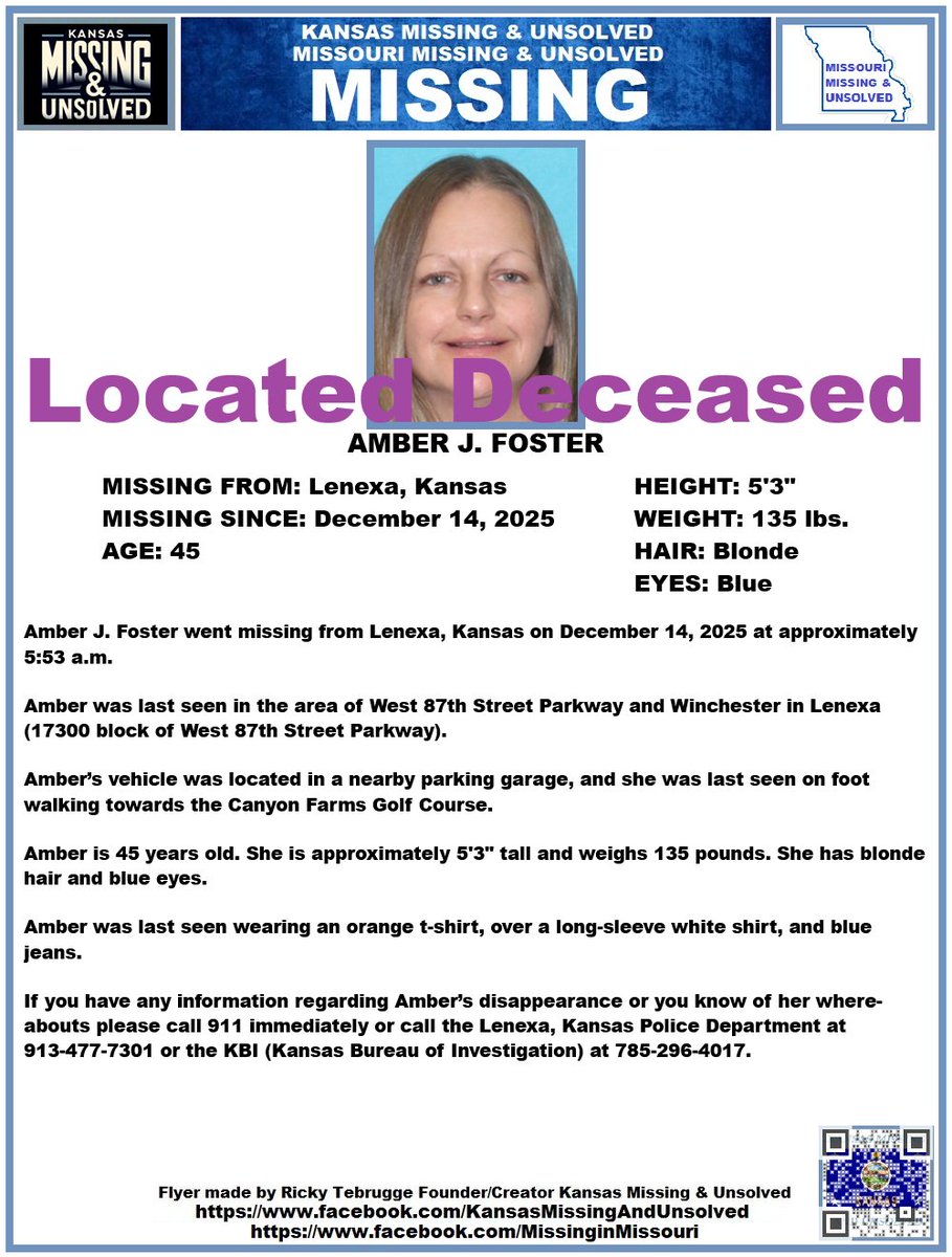 We are saddened to report that Amber has been #located deceased. May Amber Rest In Peace In God's Heavenly Kingdom. Thank you to all who shared her flyer.

#missingperson #missing <a href="/AnnetteLawless/">Annette Lawless 🌻</a> #KansasMissing #MissingInKS #MissingInKansas #MissingKansan #Lenexa #Kansas
