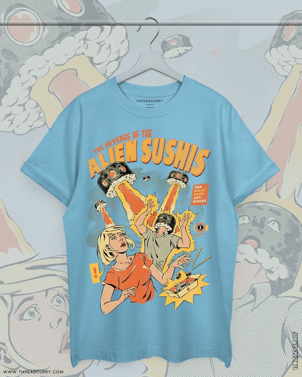 threadcurry's tweet photo. They sent to our planet their small soldiers that we devoured for decades, so now they want revenge for all their eaten sons      
.

.

.

.

.
#sushi #japanese #food #comics #alien #scifi #threadcurry #wearwhatyoubelieve 

Alien Sushis Tshirt - https://t.co/97GUm7Trc7 https://t.co/Mkr72Gdbvn