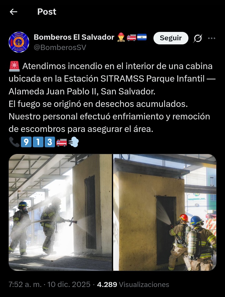 El día 10 de diciembre Bomberos de El Salvador reportó un incendio en esa misma cabina, se confirma porque el rótulo de la cooperativa COPADEO indica que la ubicación es entre la 7a Av Nte y la Juanpablo.