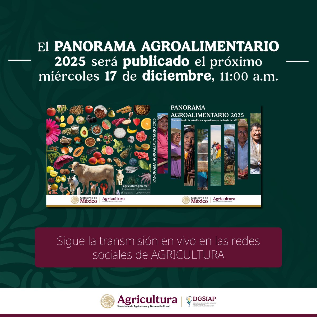 ¡No te lo pierdas! Sigue en vivo la presentación del Panorama Agroalimentario 2025 en las redes de <a href="/Agricultura_mex/">Secretaría de Agricultura y Desarrollo Rural</a>. Un insumo esencial para la toma de decisiones en el sector agroalimentario.