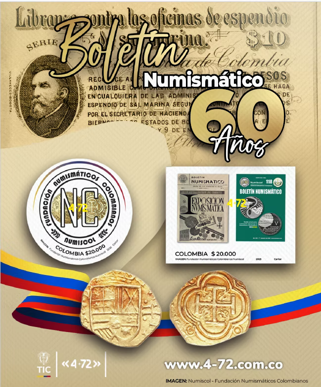 Emisión postal colombiana por <a href="/Ministerio_TIC/">Ministerio TIC</a> y <a href="/472Colombia/">4-72</a> que celebra los 60 años del Boletín Numismático publicado por la Fundación Numismáticos Colombianos <a href="/Numiscol_fund/">Numiscol Fundacion</a> bit.ly/44uU49q