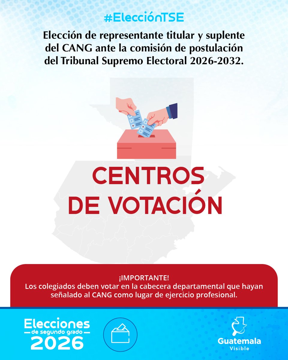guatevisible's tweet photo. 🗳️ 𝗖𝗲𝗻𝘁𝗿𝗼𝘀 𝗱𝗲 𝘃𝗼𝘁𝗮𝗰𝗶𝗼́𝗻 𝗖𝗔𝗡𝗚

Si eres abogado o profesional de ciencias afines colegiado en el CANG, recuerda dónde te corresponde votar el 5 de enero de 2026.

📍 Conoce la ubicación de los 28 centros de votación habilitados a nivel nacional para la elección de representante titular y suplente ante la Comisión de Postulación del TSE.

#ElecciónTSE2026 #elTSEimporta