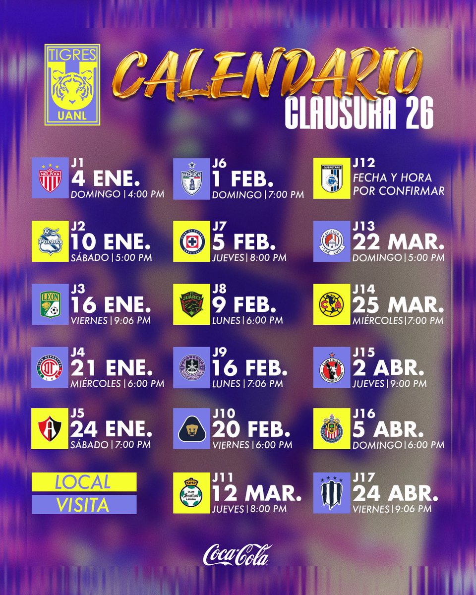 TigresFemenil's tweet image. Así será el camino en el Clausura 2026 de las actuales y Más Campeonas de México. 🫡 

Las Súper Amazonas listas para el próximo torneo. 

@CocaColaMx 

#SiempreContigo