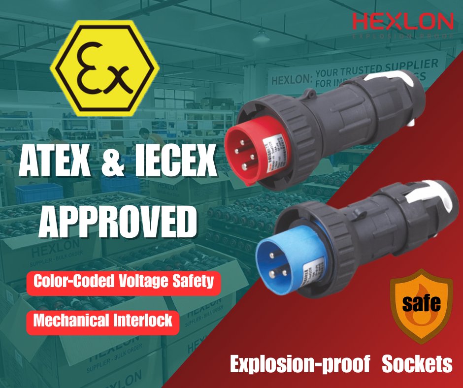 Hexlon88's tweet image. ⚠️ HEXLON’s industrial sockets are designed with flame-retardant materials and sealed construction to contain ignition sources. 
Certified by ATEX &amp;amp; IECEx for your safety.
👉hexlonex.com/product/bcz806… 

#ExplosionProof #IndustrialSafety #HEXLON