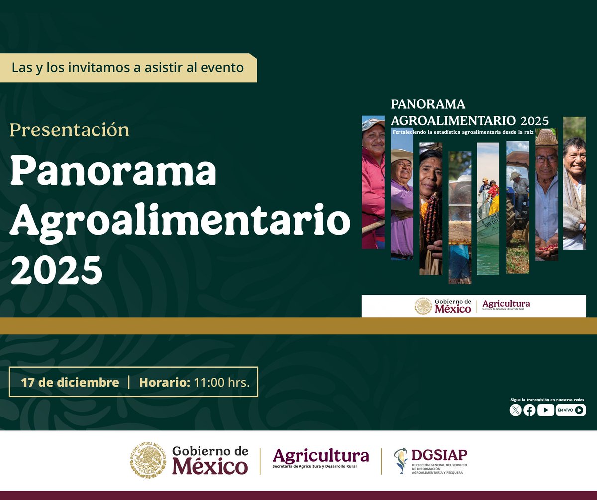Este 17 de diciembre,  no te pierdas la Presentación del Panorama Agroalimentario 2025. ✨️

⏰️11:00 h 

Sigue la transmisión a través de nuestras redes sociales.  📱
<a href="/DGSIAP_Mx/">DGSIAP</a>