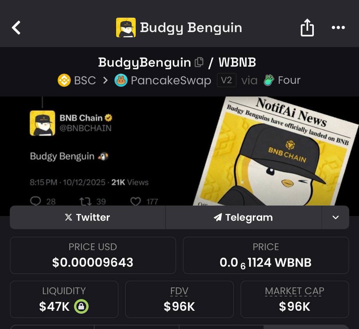 Everyone knows Pudgy Penguins
a proven, massive story backed by big players.

Budgy Benguin is different 🐧
Still small. Still cheap. Still imperfect.
And that’s exactly why it has room to grow.

Named and logo by BNBChain,
with the story written by the community, not a script.