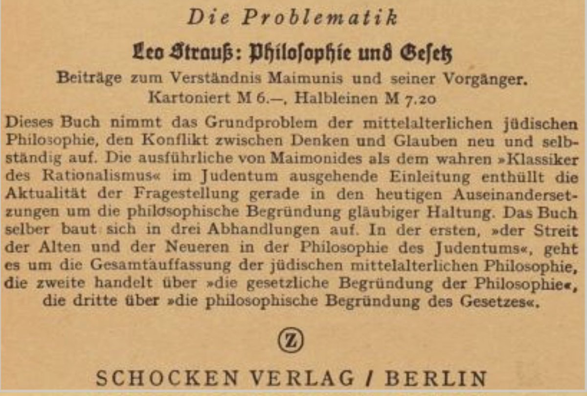 HannesKerber's tweet image. 1935 ad for Leo Strauss's "Philosophy and Law"