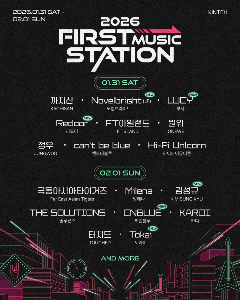 [ 𝟐𝟎𝟐𝟔 𝐅𝐈𝐑𝐒𝐓 𝐌𝐔𝐒𝐈𝐂 𝐒𝐓𝐀𝐓𝐈𝐎𝐍 ]
❘❙❚▶ 2026 FMS 2차 라인업 17팀을 공개합니다.

𝟏/𝟑𝟏(𝐒𝐀𝐓) .𖥔 ݁ ˖ ✦ ‧₊˚ ⋅
까치산 ⋆ ᴶᴾ 노벨브라이트 ᴺᴱᵂ ⋆ 루시 ᴺᴱᵂ
리도어 ᴺᴱᵂ ⋆ FT아일랜드 ⋆ 원위
정우 ⋆ 캔트비블루 ⋆ 하이파이유니콘

𝟐/𝟏(𝐒𝐔𝐍) .𖥔 ݁ ˖