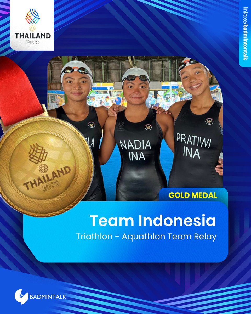 BadmintonTalk's tweet photo. FIFTY-THIRD MEDAL for Indonesia at #SEAGames2025 

Triathlon - Women's Aquathlon Team Relay

🥇INDONESIA (Martina Ayu Pratiwi, Binta Erlen Salsabila, Kayla Nadia Shafa)
🥈PHILIPPINES
🥉SINGAPORE

#Thailand2025 https://t.co/gEHlYXpNqE