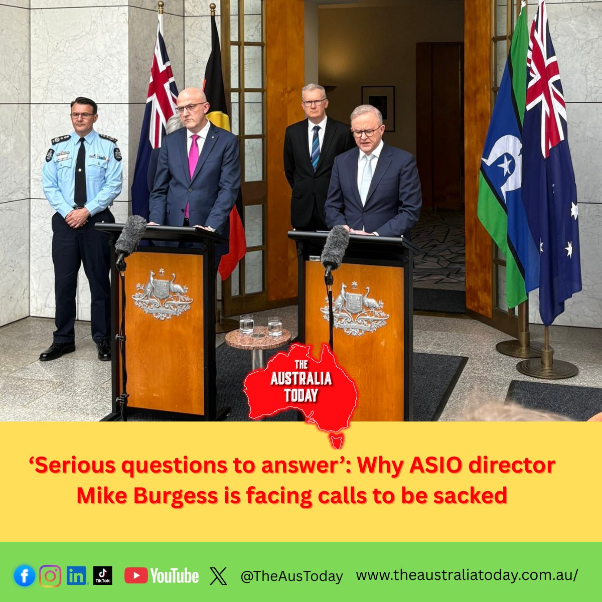 TheAusToday's tweet image. ‘Serious questions to answer’: Why #ASIO director Mike Burgess is facing calls to be sacked
Read here: theaustraliatoday.com.au/serious-questi…

Several federal and state politicians have privately questioned whether Burgess can credibly lead the internal review ASIO has promised, arguing that an