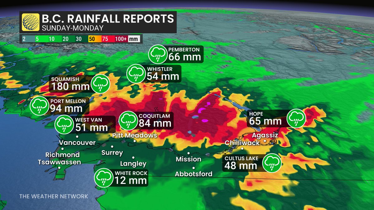 PeterVogel's tweet image. There you have it! 39 mm at my Tri-cities location in Metro Vancouver for #atmosphericriver #2. I'm just in the "green". We can see that a few km can make a large difference in rainfall total. Thanks to the Weather Network for the accompanying graphic. 

@50ShadesofVan @Brad604
