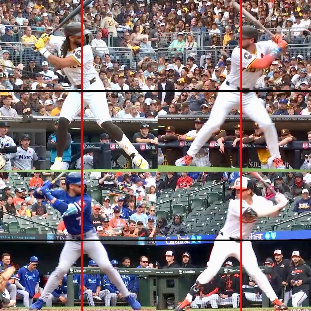TJHannam10's tweet image. A great visual checkpoint for hitters. 👇🏼

Most issues AND breakthroughs can be found simply by comparing your foot down position vs these hitters. 

- Where the head is
- Elbow + bat position
- Where the weight is in the lower half
- Posture, too far forward or leaned back