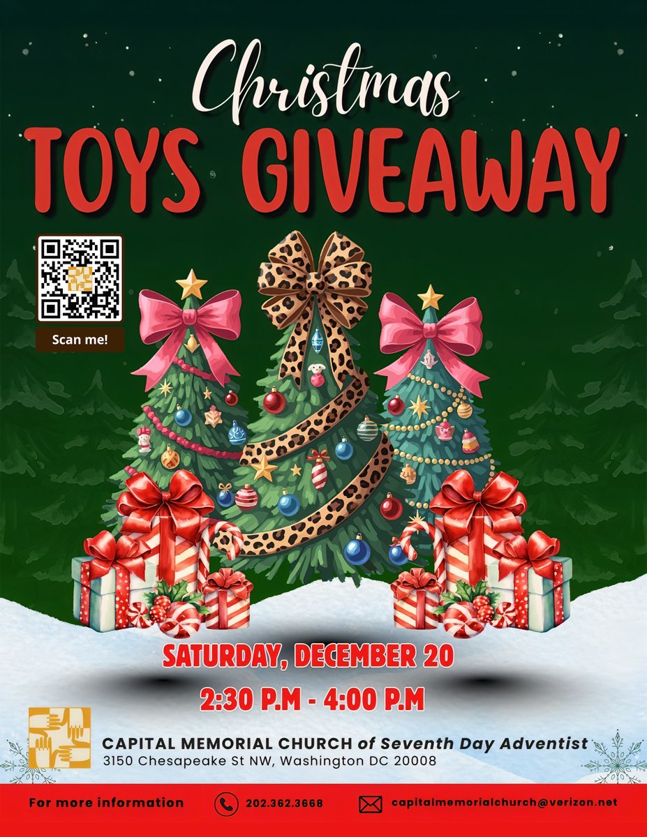 CMC_DC's tweet photo. Come and join us for the Capital Memorial SDA Church Christmas Toy’s Giveaway on Saturday, December 20, 2025, from 2:30 PM - 4:00 PM at Capital Memorial SDA Church.
To attend this free event please register at: https://t.co/WQVKZ4VrcP https://t.co/ZKJvukW6Os