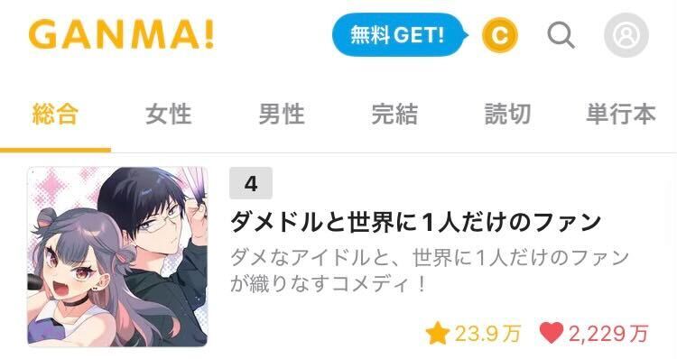 『ダメドルと世界に1人だけのファン』
👑今日の連載TOP20　1位！
👑GANMA!全作品ランクング　4位！

みんな読んでくれてありがとう！😭