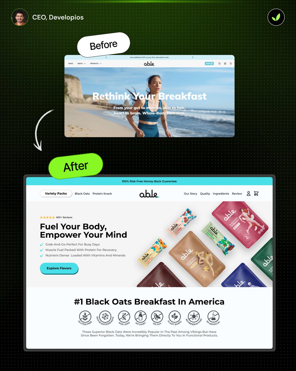 faraz___dev's tweet photo. Your homepage could be costing you conversions.

We helped Able Formula revamp theirs with a CRO-focused redesign:
✅ Clearer messaging
✅ Better UX flow
✅ Trust elements above the fold
Want a free audit of 1 section? DM

#shopify #WebDesign #ShopifyExpert #croaudit https://t.co/5PDoiodzNp